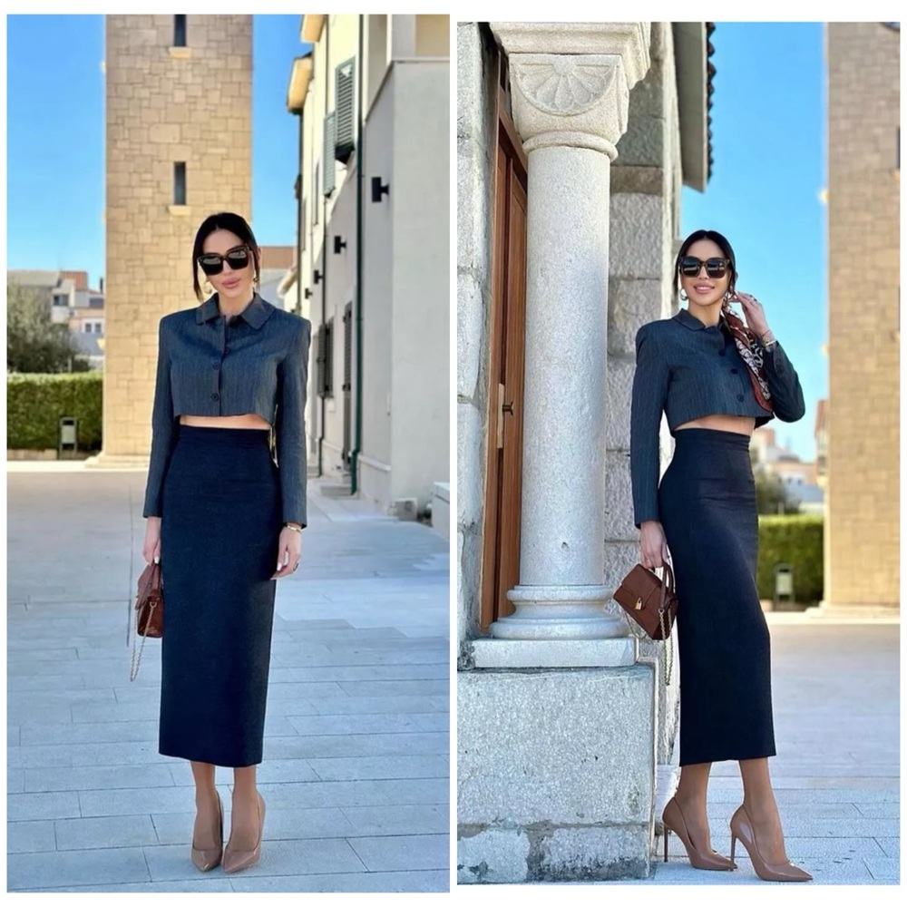 ZARA SS24 WOOL PENCIL Midi SKIRT Slit ZW COLLECTION GRAY 2134/425